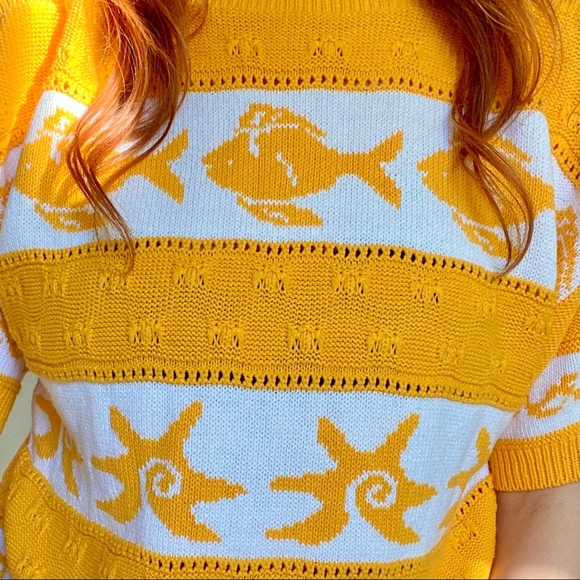 Vintage 80s/90s marigold fish striped short sleeve sweater - Picture 7 of 9